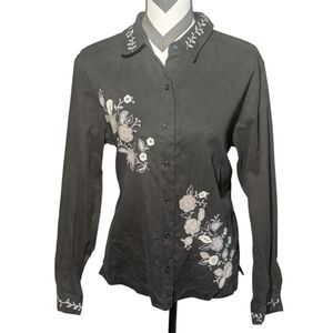 Bechamel Black Floral Embroidery Button Down Shirt Blouse Medium